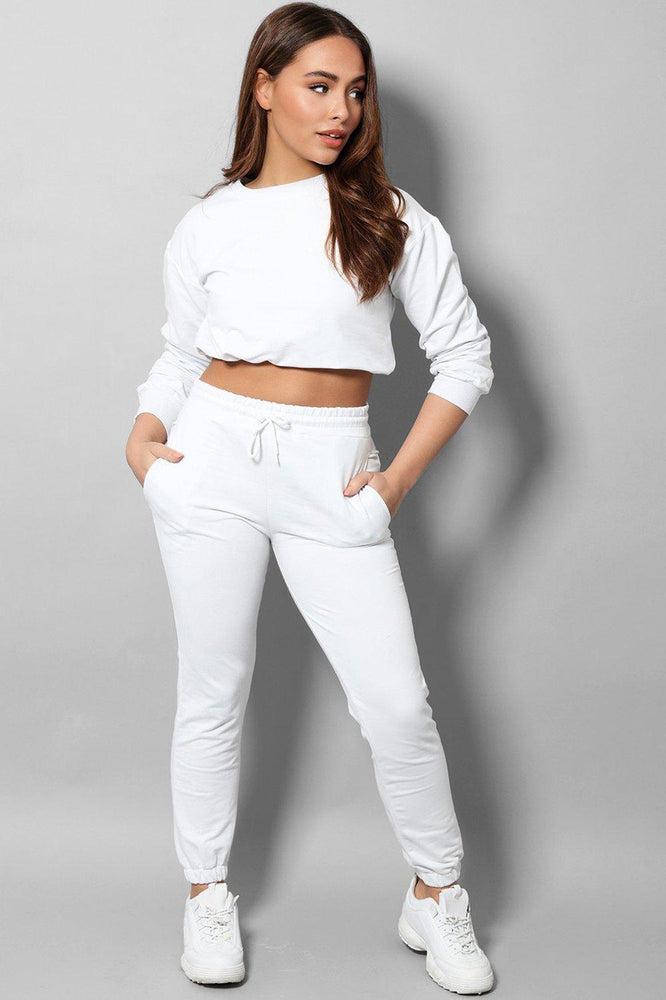 White Cropped Drawstring Top 2 Piece Tracksuit-SinglePrice