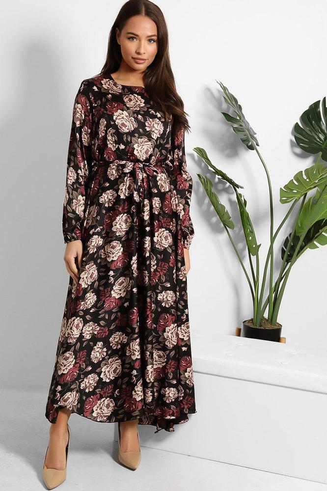 Floral Print Waist Tie Satin Modest Dress-SinglePrice