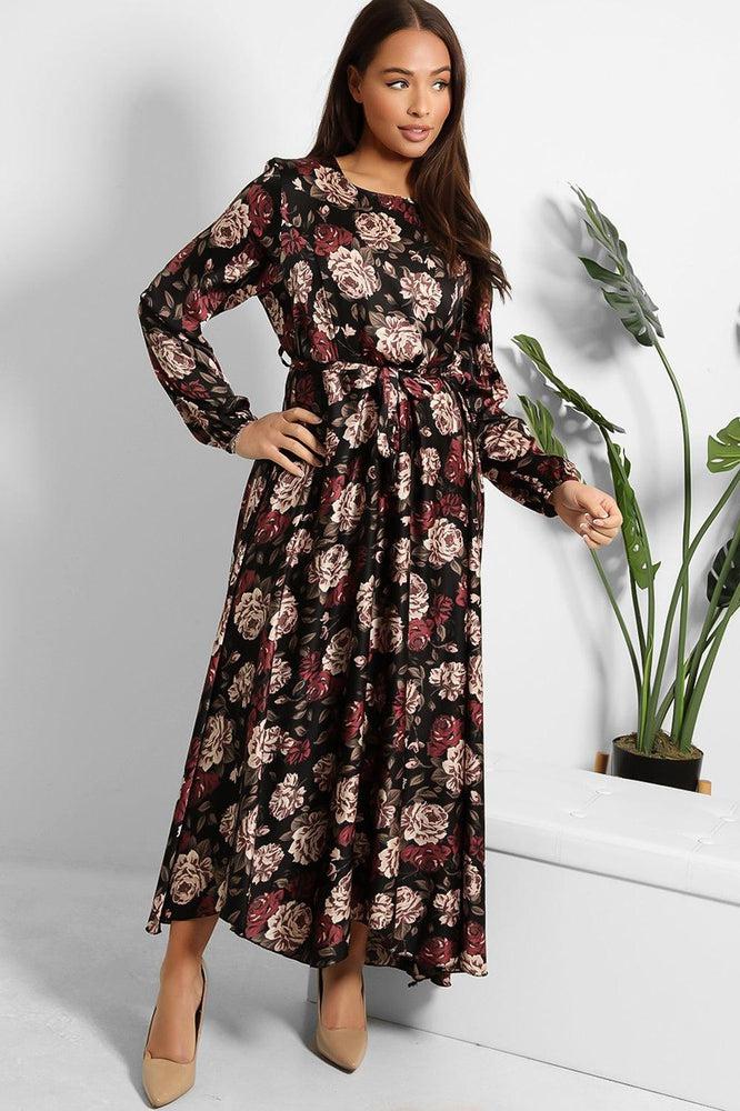 Floral Print Waist Tie Satin Modest Dress-SinglePrice