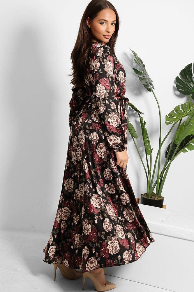 Floral Print Waist Tie Satin Modest Dress-SinglePrice