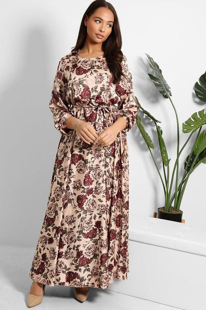 Floral Print Waist Tie Satin Modest Dress-SinglePrice