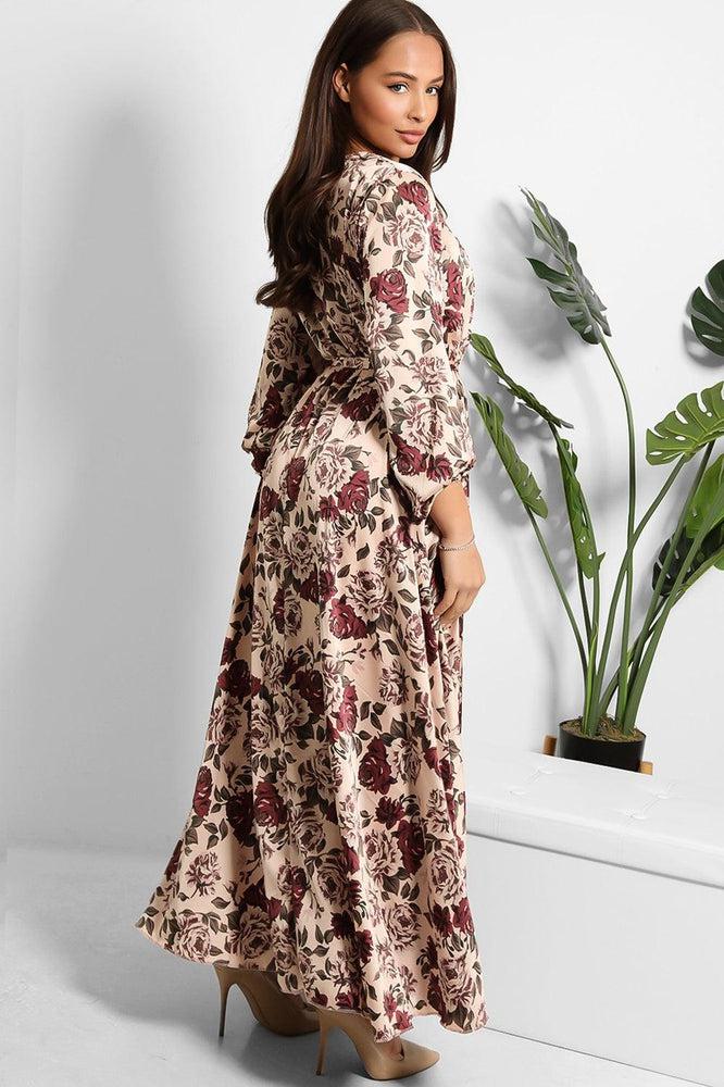 Floral Print Waist Tie Satin Modest Dress-SinglePrice