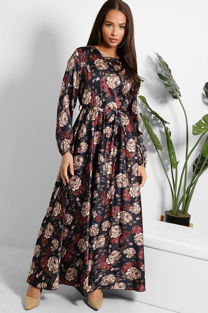 Floral Print Waist Tie Satin Modest Dress-SinglePrice