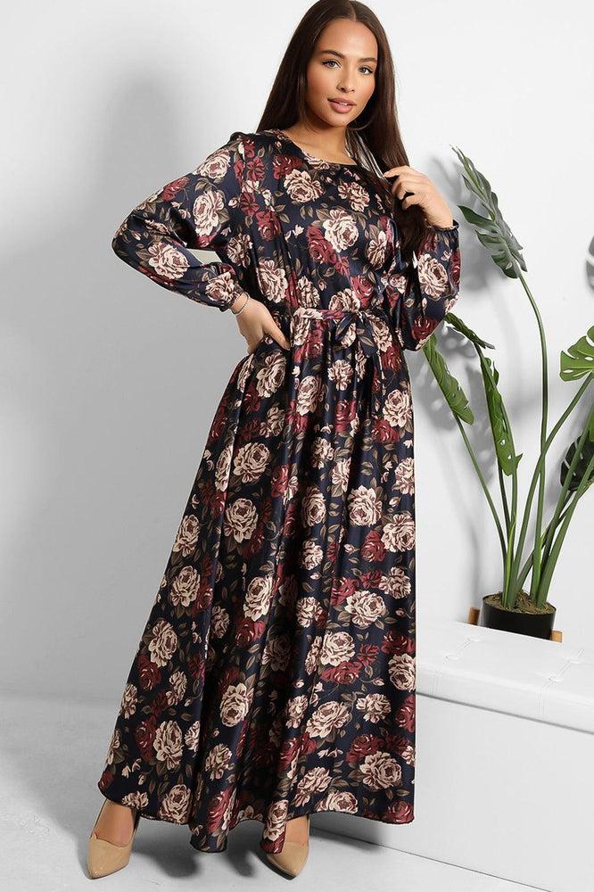 Floral Print Waist Tie Satin Modest Dress-SinglePrice