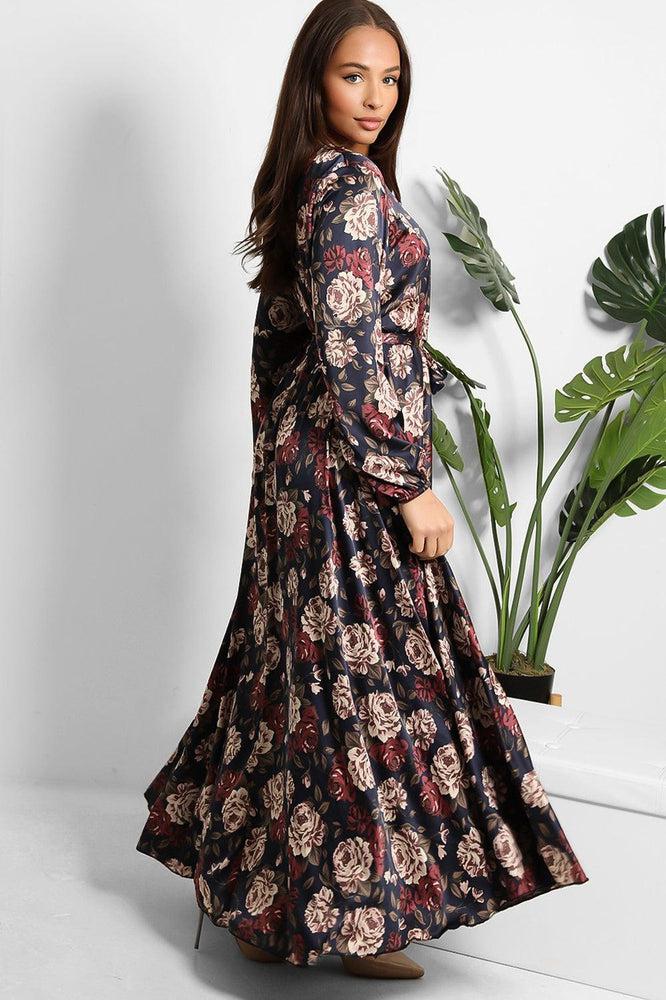 Floral Print Waist Tie Satin Modest Dress-SinglePrice