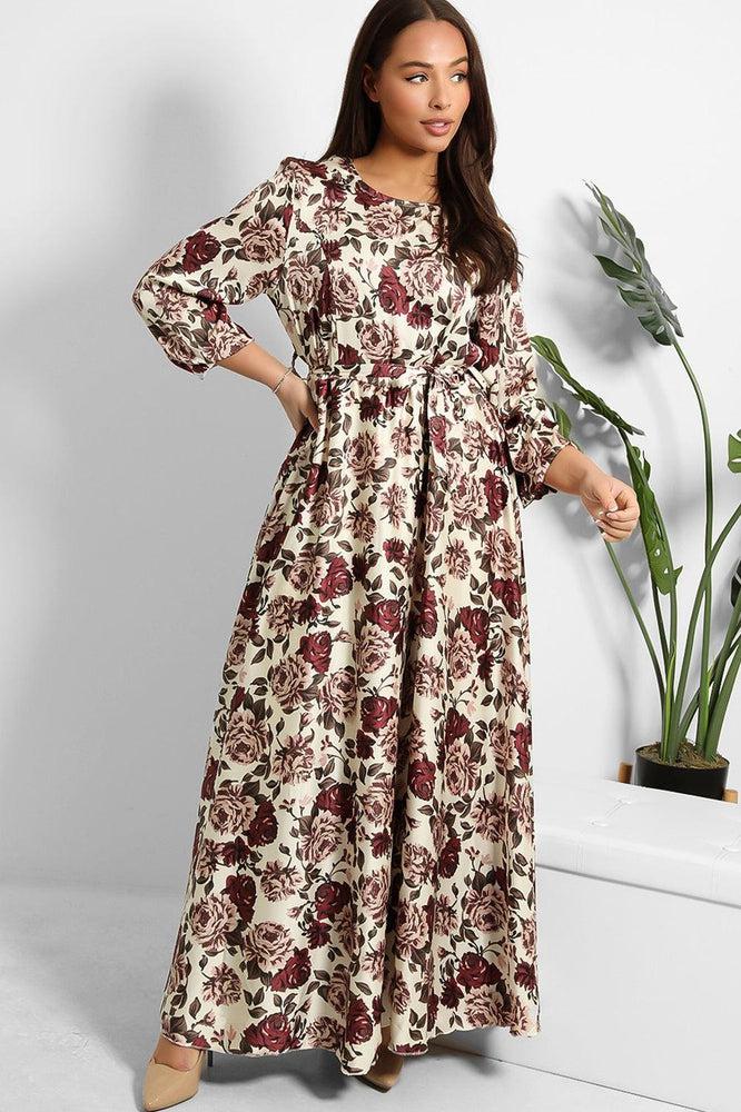 Floral Print Waist Tie Satin Modest Dress-SinglePrice