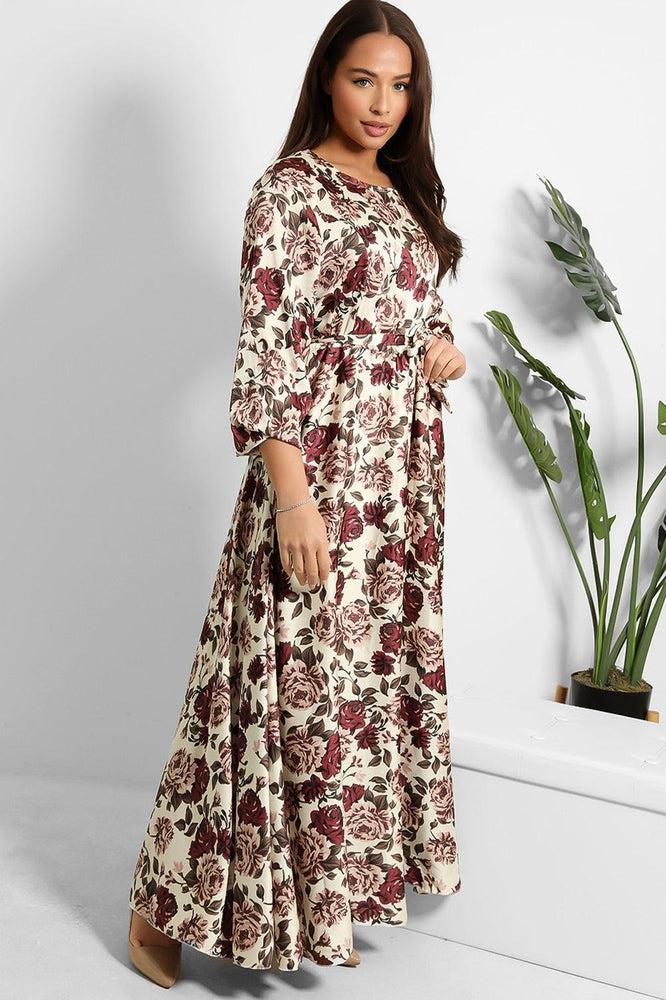 Floral Print Waist Tie Satin Modest Dress-SinglePrice