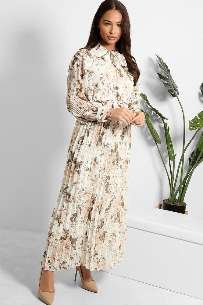 Floral Print Pleated Waist Tie Modest Dress-SinglePrice