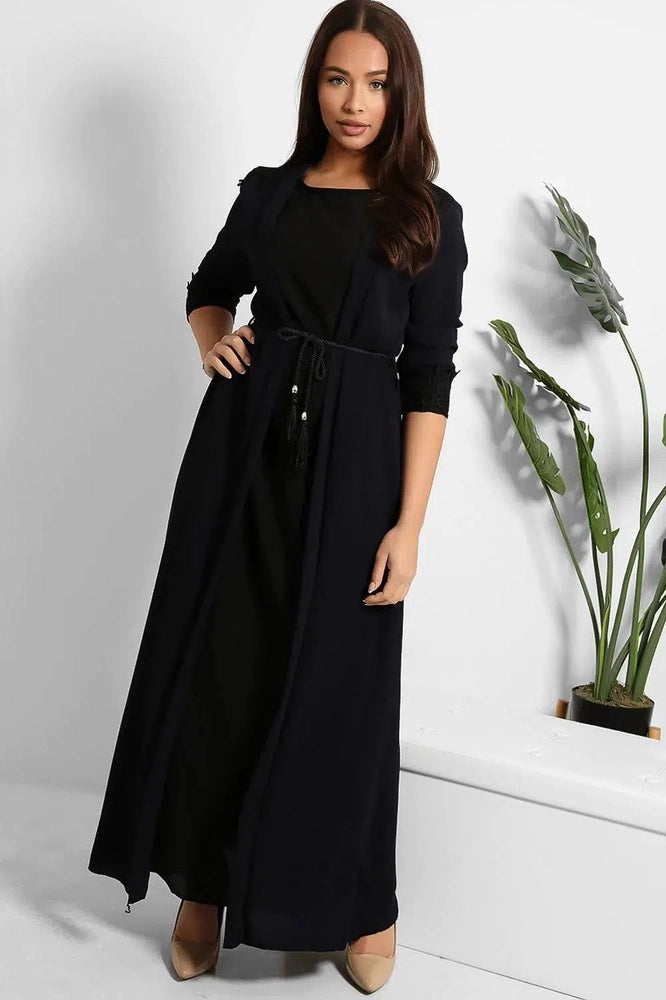 Black Crochet Lace Detail Two-in-One Modest Dress-SinglePrice