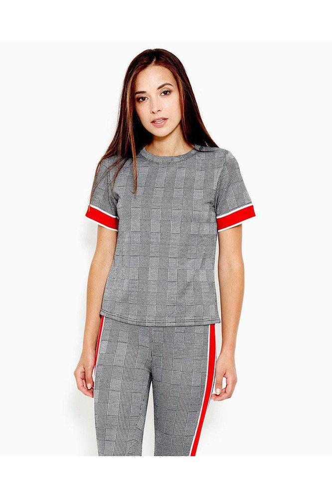 Red Stripe Detail Checked Grey Top-SinglePrice