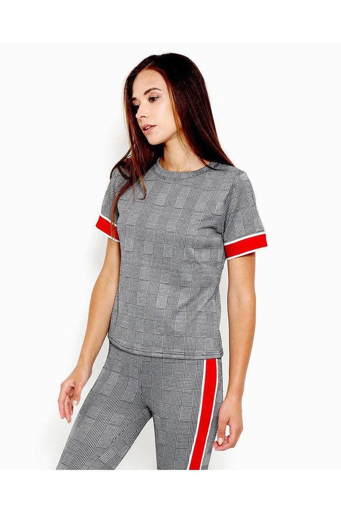Red Stripe Detail Checked Grey Top-SinglePrice