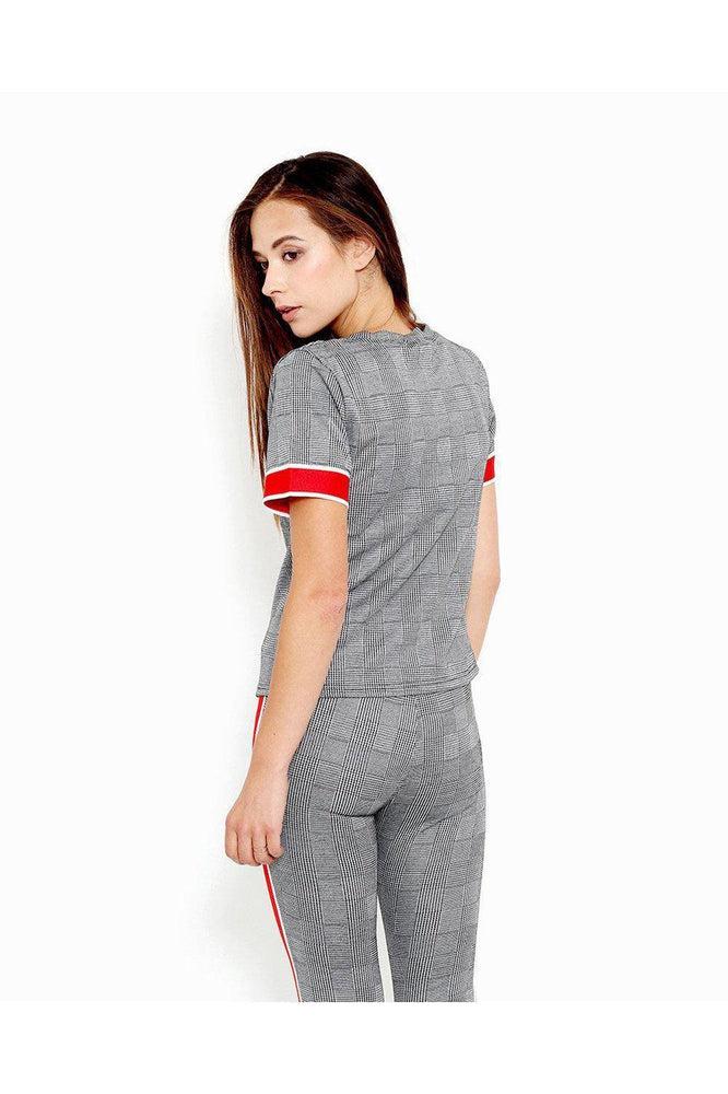 Red Stripe Detail Checked Grey Top-SinglePrice