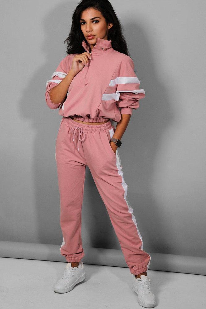 Pink White Stripe Details Racer Two Piece Tracksuit-SinglePrice