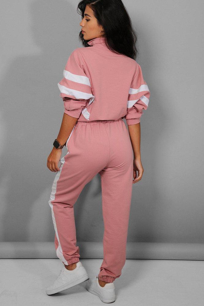 Pink White Stripe Details Racer Two Piece Tracksuit-SinglePrice