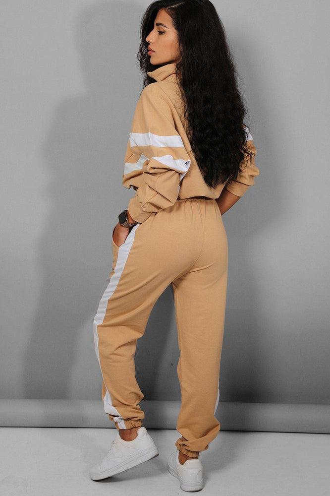 Beige White Stripe Details Racer Two Piece Tracksuit-SinglePrice