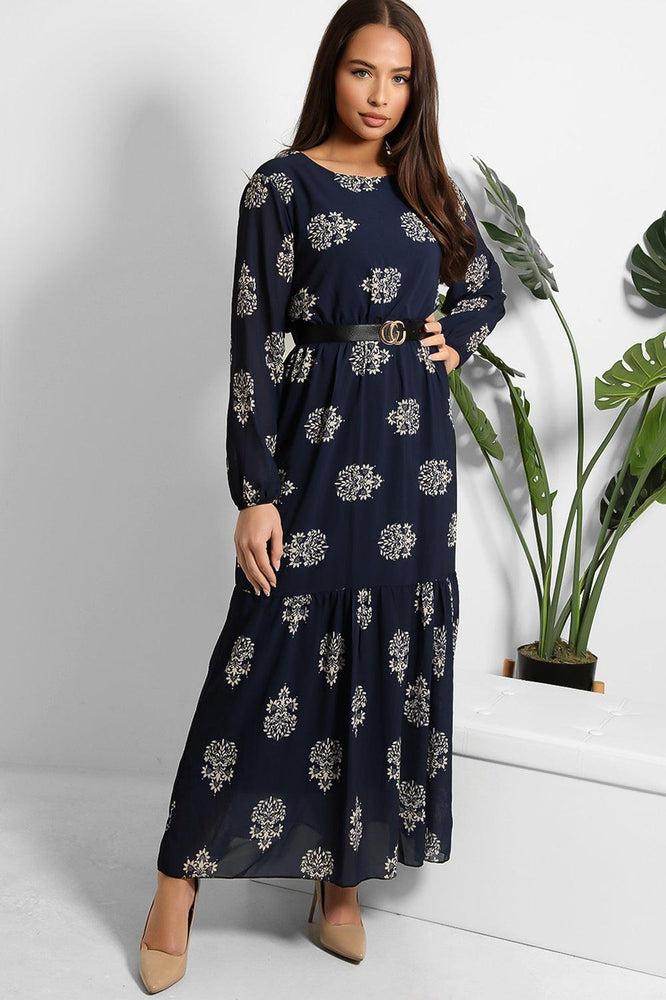 Logo Belt Floral Print Modest Dress-SinglePrice