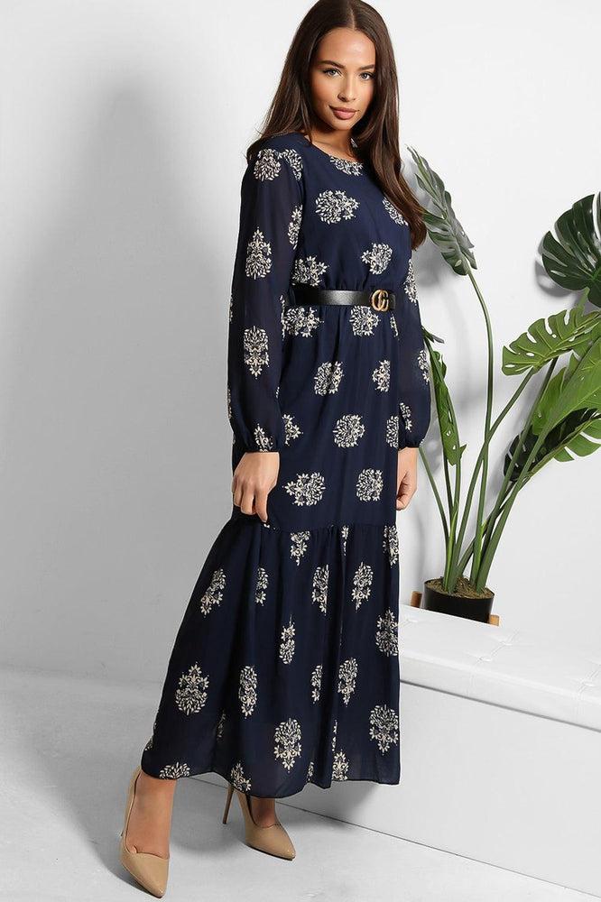 Logo Belt Floral Print Modest Dress-SinglePrice