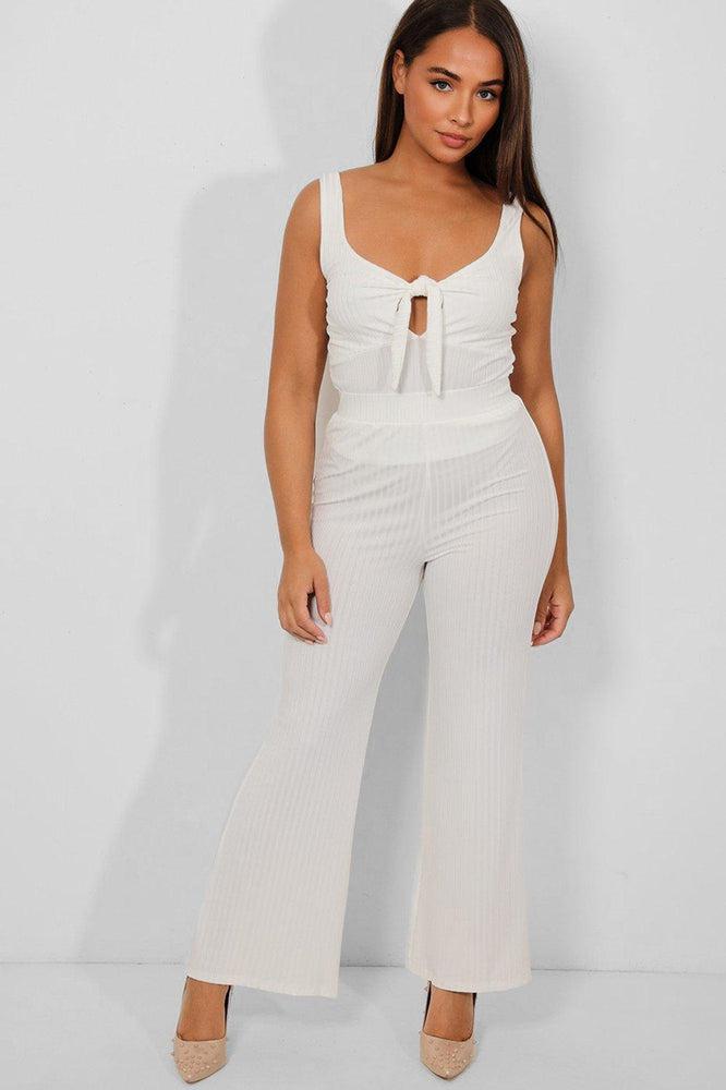 White Peek-a-Boo Ribbed Flared Leg 2 Piece Set-SinglePrice