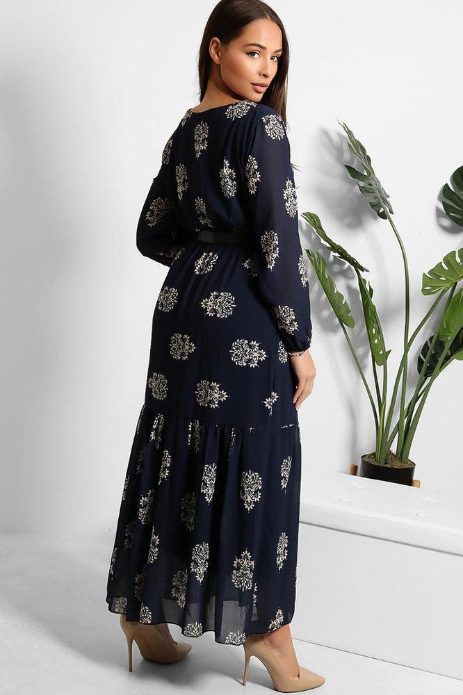 Logo Belt Floral Print Modest Dress-SinglePrice