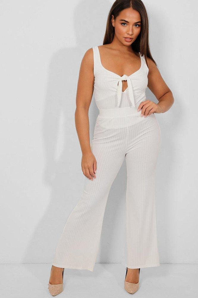 White Peek-a-Boo Ribbed Flared Leg 2 Piece Set-SinglePrice