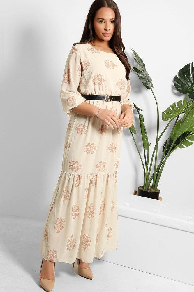 Logo Belt Floral Print Modest Dress-SinglePrice