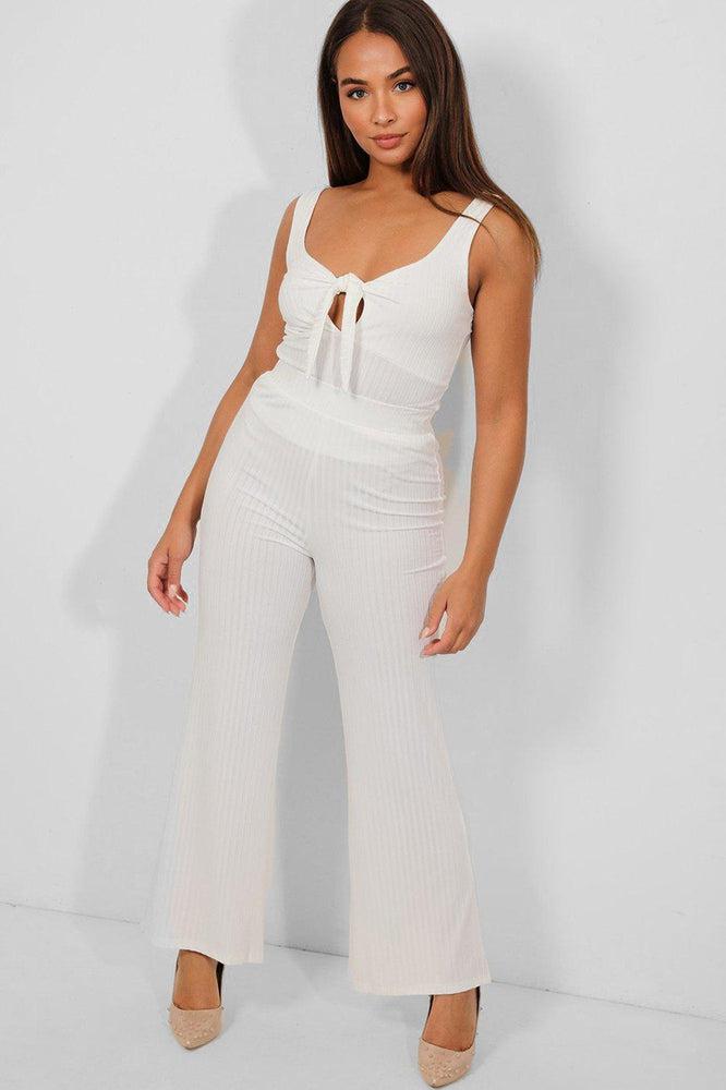 White Peek-a-Boo Ribbed Flared Leg 2 Piece Set-SinglePrice