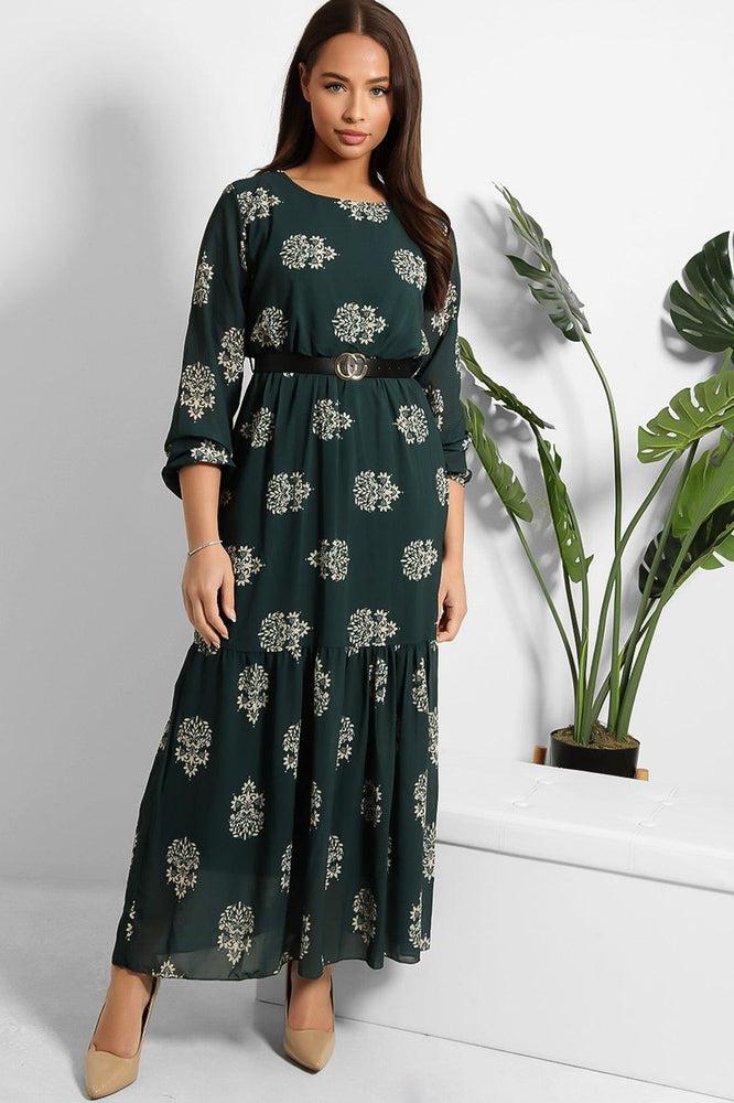 Logo Belt Floral Print Modest Dress-SinglePrice