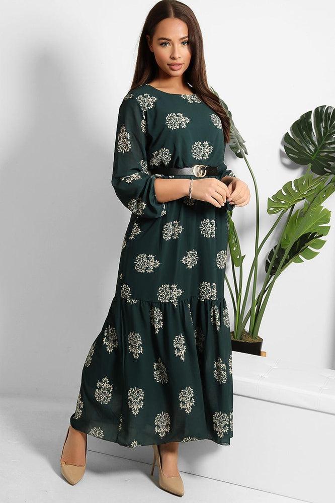 Logo Belt Floral Print Modest Dress-SinglePrice