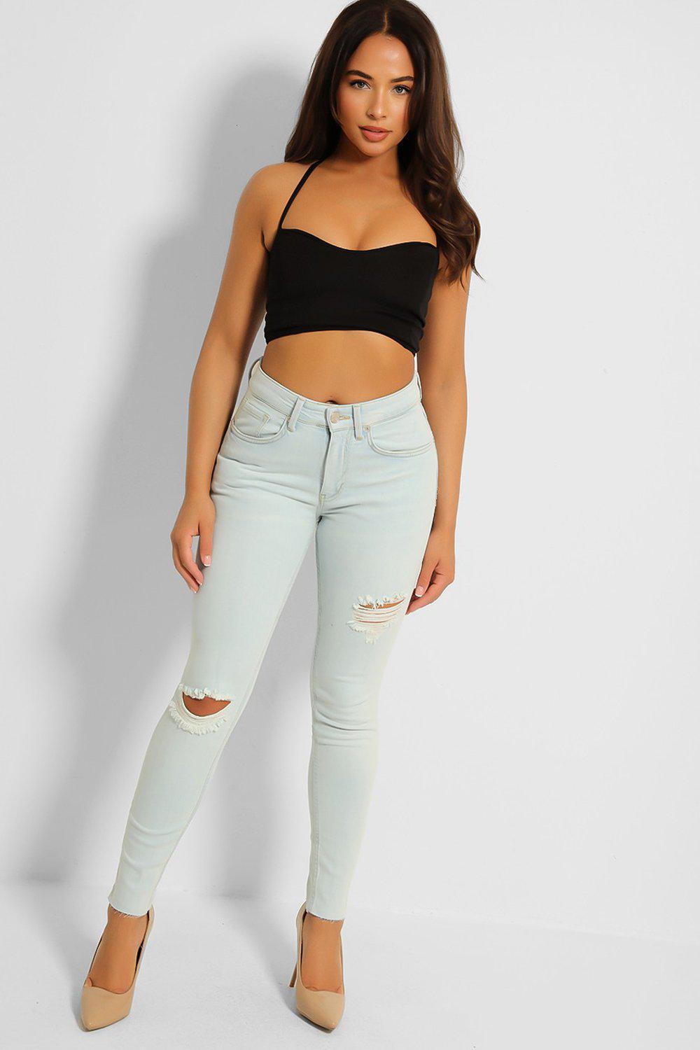 Light Blue Ripped Knees Skinny Jeans-SinglePrice
