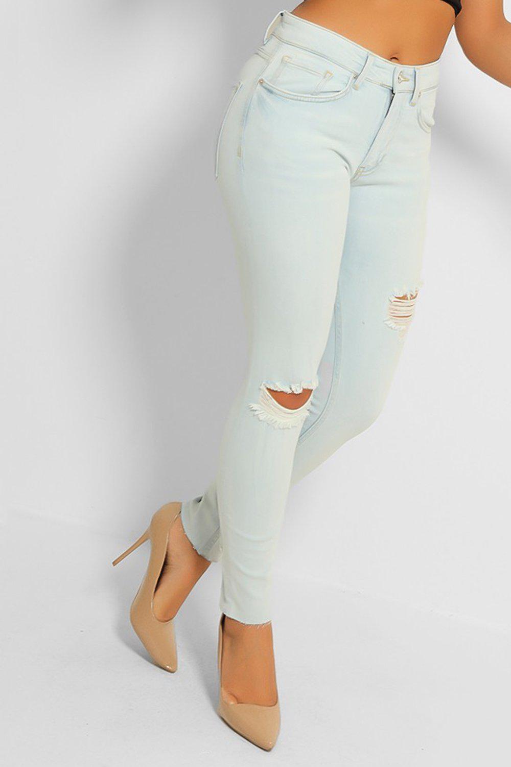 Light Blue Ripped Knees Skinny Jeans-SinglePrice
