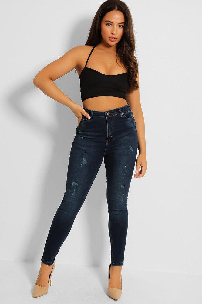 Dark Blue Distressed Finish Skinny Jeans-SinglePrice