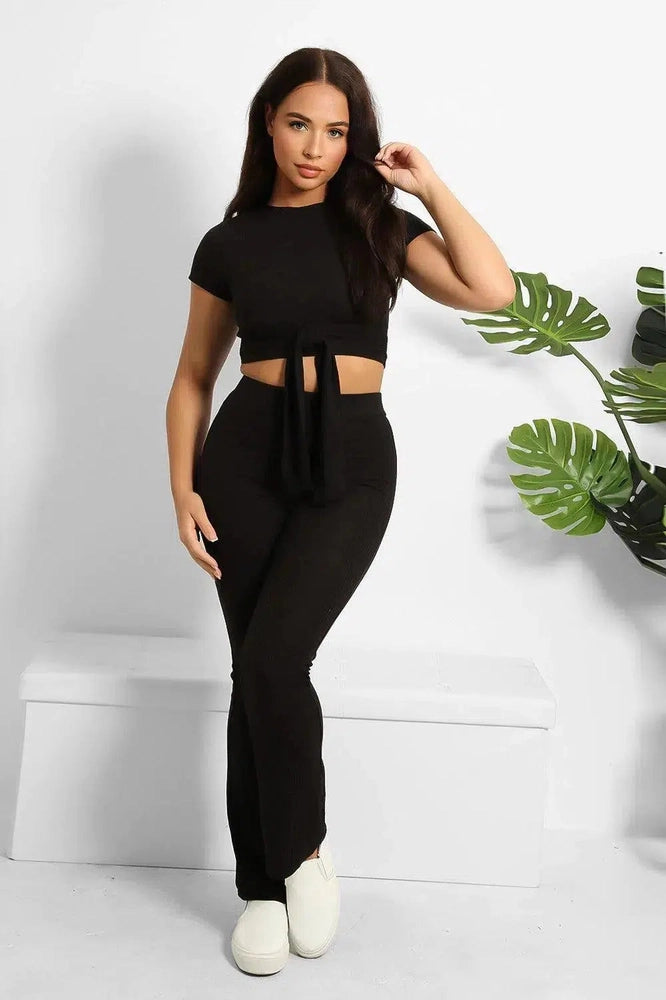 Ribbed Back/Front Tie Crop Top And Trousers Set-SinglePrice