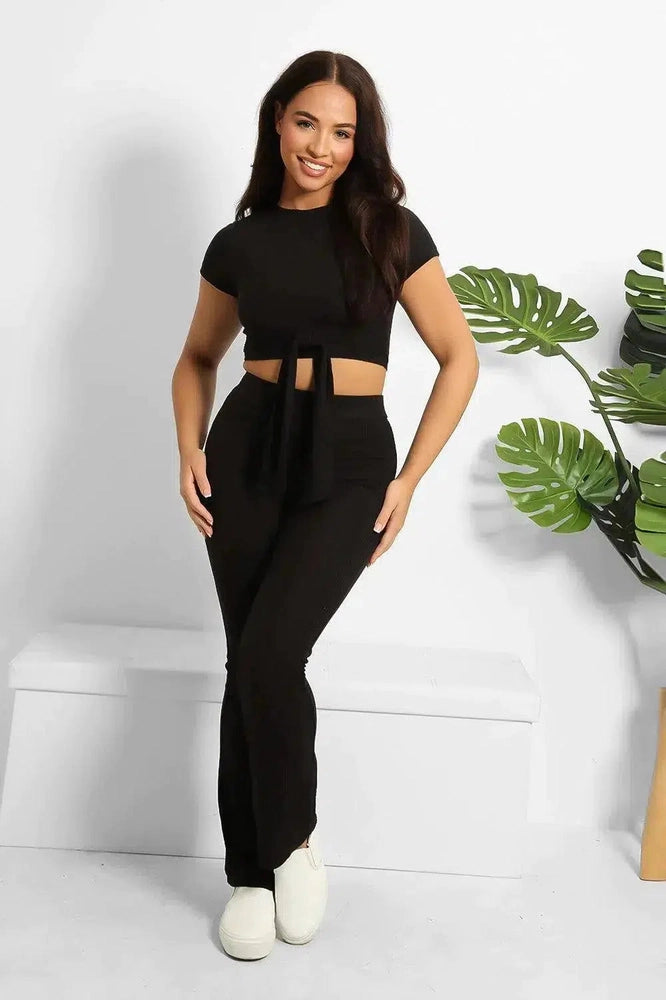 Ribbed Back/Front Tie Crop Top And Trousers Set-SinglePrice