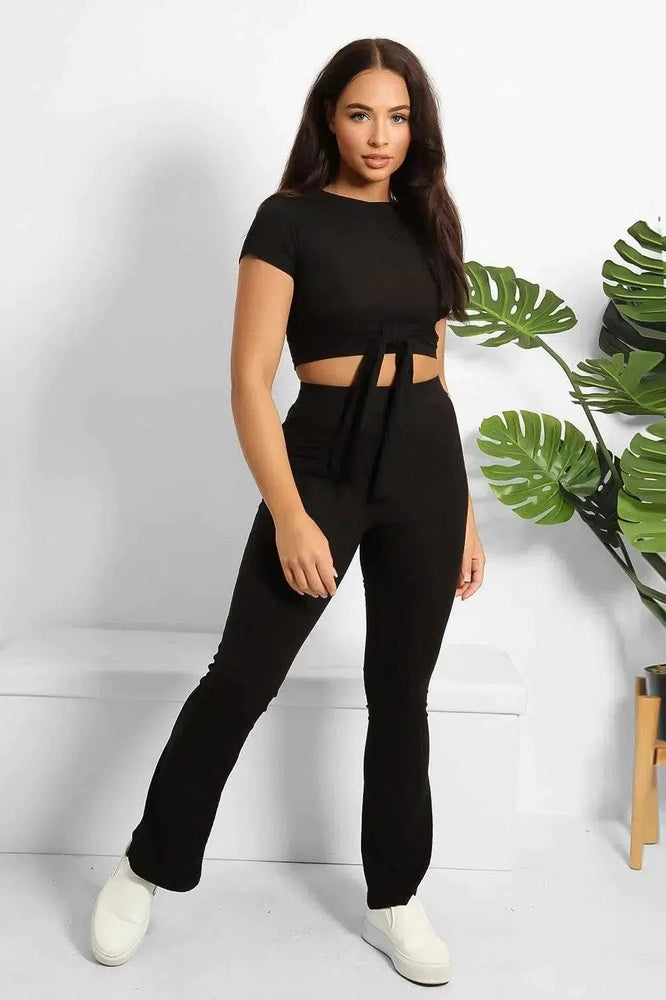 Ribbed Back/Front Tie Crop Top And Trousers Set-SinglePrice