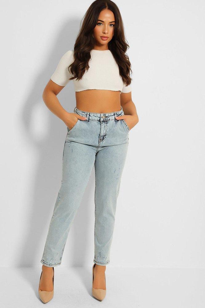 Faded Blue Stone Wash Straight Leg Jeans-SinglePrice