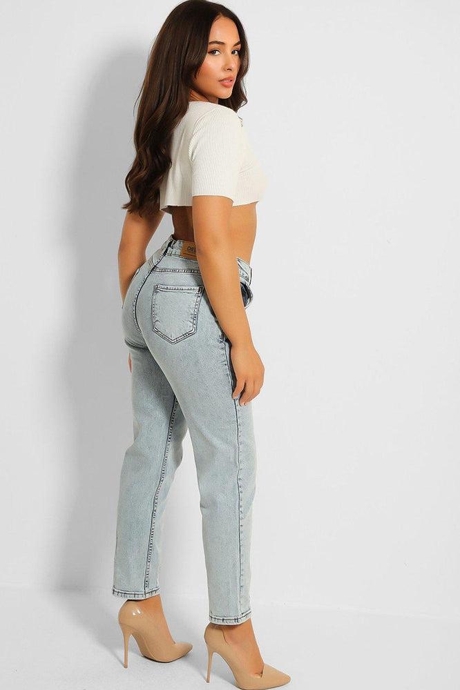 Faded Blue Stone Wash Straight Leg Jeans-SinglePrice