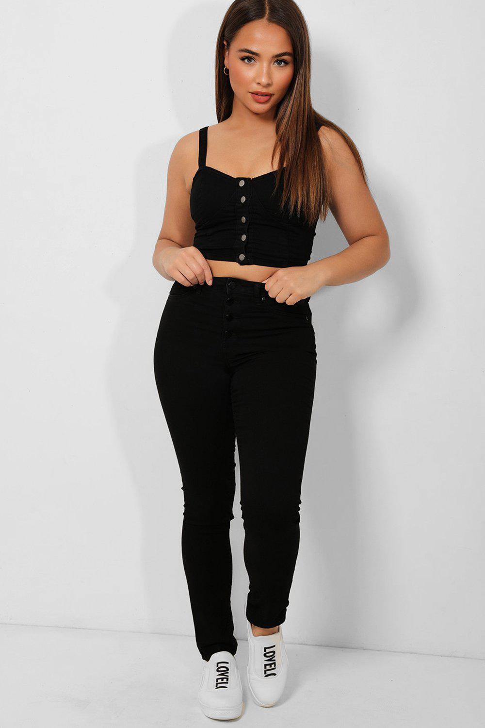 Black Buttons Front Super Skinny Denim Jeans-SinglePrice