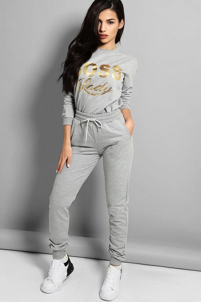 Grey Gold Foil Boss Lady Sweatshirt And Sweatpants Set-SinglePrice