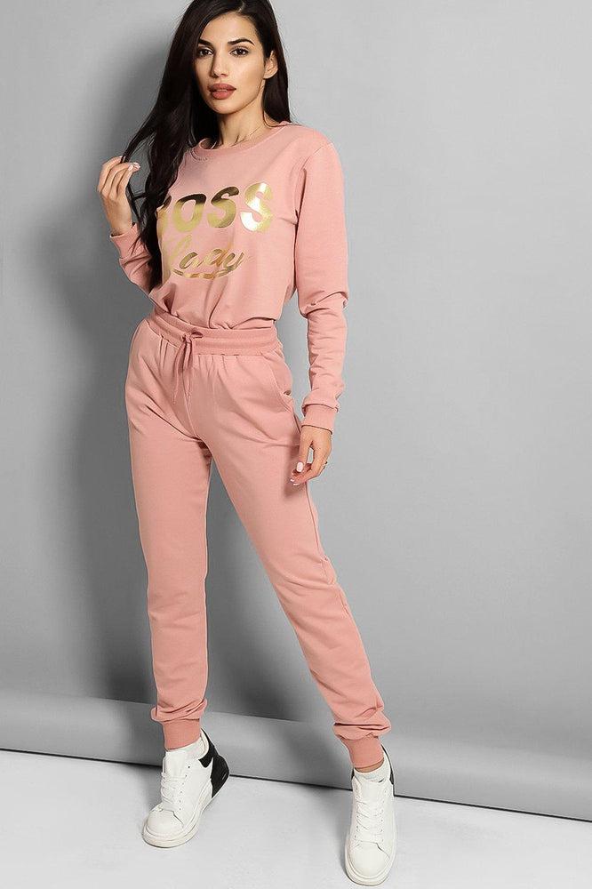 Pink Gold Foil Boss Lady Sweatshirt And Sweatpants Set-SinglePrice