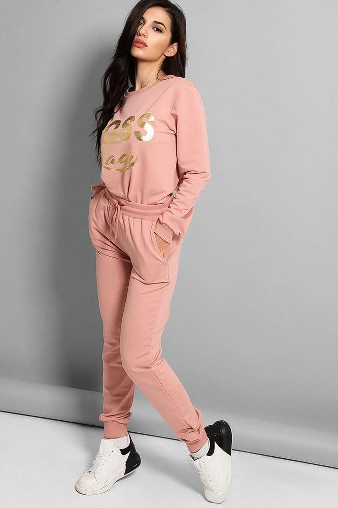 Pink Gold Foil Boss Lady Sweatshirt And Sweatpants Set-SinglePrice