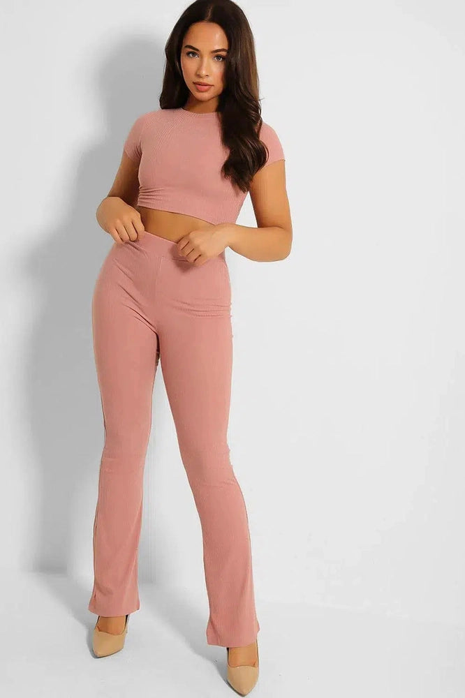 Ribbed Back/Front Tie Crop Top And Trousers Set-SinglePrice