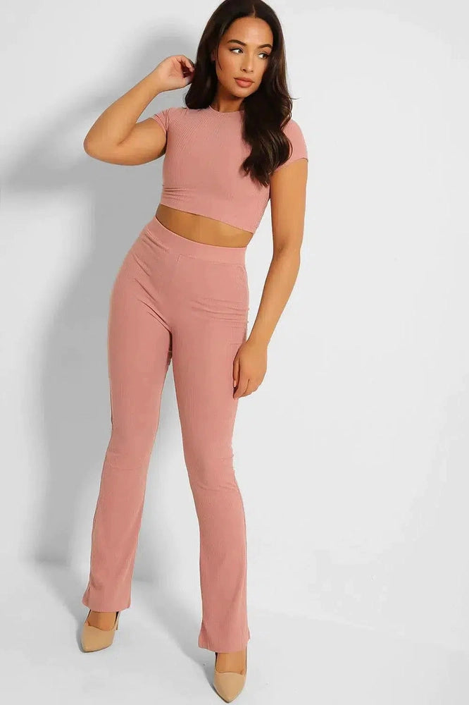 Ribbed Back/Front Tie Crop Top And Trousers Set-SinglePrice