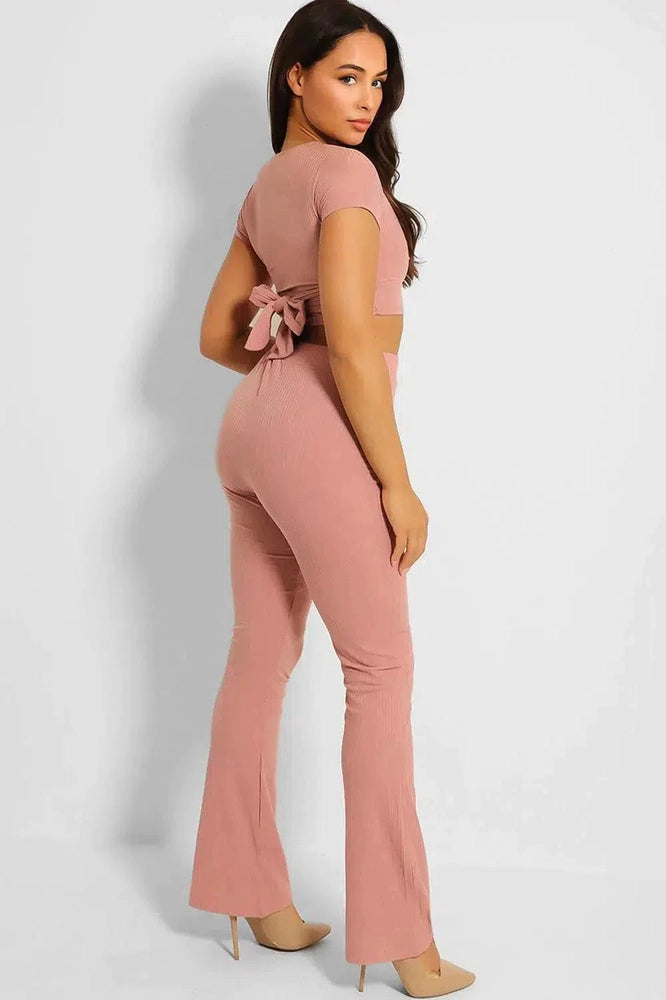 Ribbed Back/Front Tie Crop Top And Trousers Set-SinglePrice