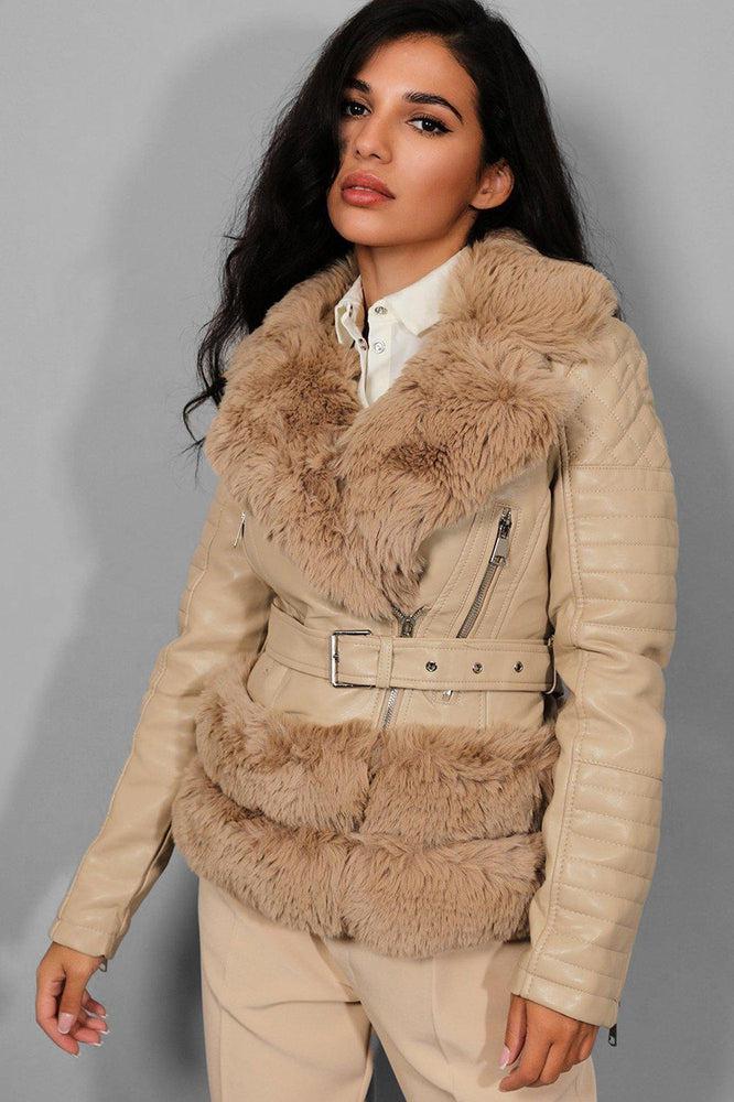 Apricot Faux Fur Trims Belt Waist Apricot Aviator Jacket-SinglePrice