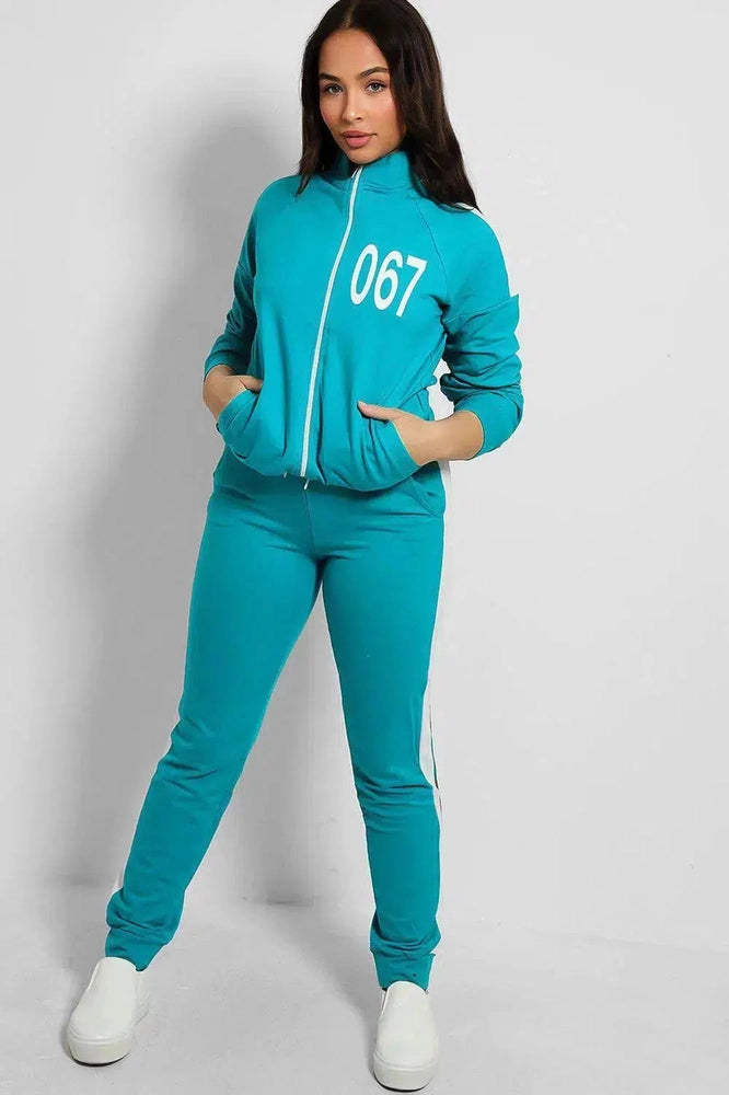 Teal White Number And Stripes Tracksuit-SinglePrice