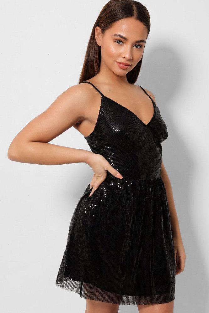 Black V-Neck Sequinned Cami Skater Dress-SinglePrice