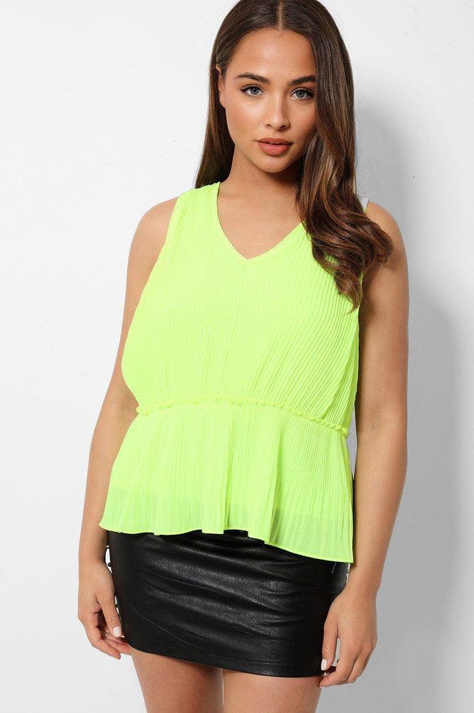 Highlighter Green Pleated Bow Back Sleeveless Top-SinglePrice