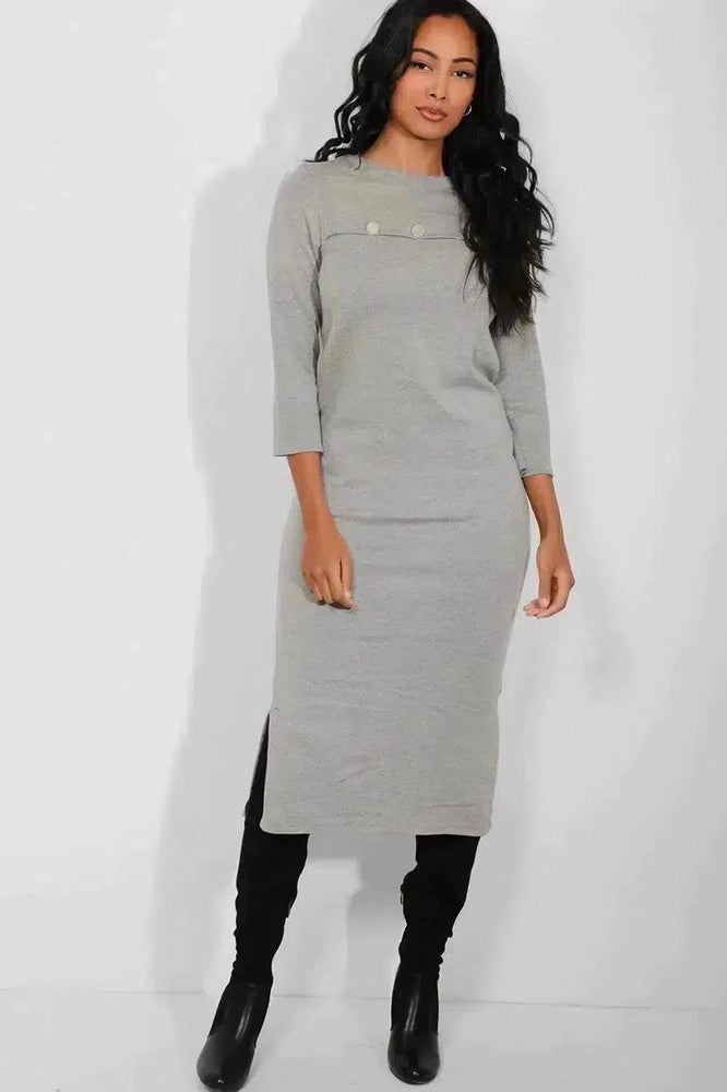 Maternity Grey Side Splits Button Details Flat Knit Maxi Dress-SinglePrice