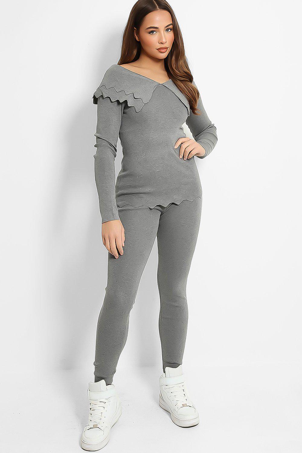 Grey Scallop Layered Fold Detail Flat Knit Lounge Set-SinglePrice