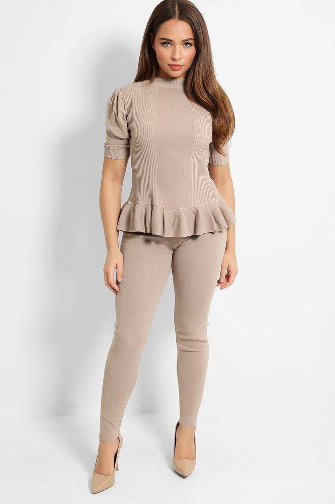 Beige Ribbed Knit Puff Sleeve Peplum Top And Leggings Set-SinglePrice